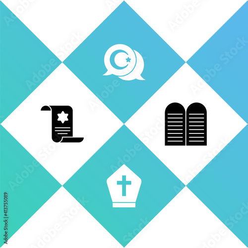 Set Torah scroll, Pope hat, Star and crescent and The commandments icon. Vector.