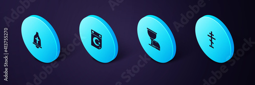 Set Isometric Christian cross, Holy grail or chalice, Star and crescent and Church bell icon. Vector.