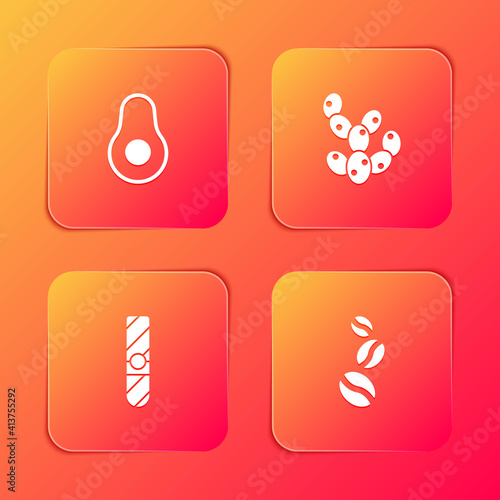 Set Avocado fruit, Cactus, Cigar and Coffee beans icon. Vector.