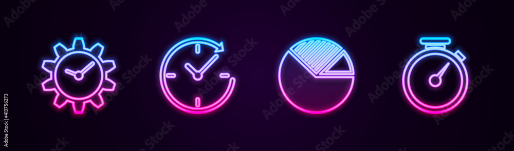 Set line Time Management, Clock with arrow, Pie chart infographic and Stopwatch. Glowing neon icon. Vector. Set line Time Management, Clock with arrow, Pie chart infographic and Stopwatch. Glowing neon icon. Vector.