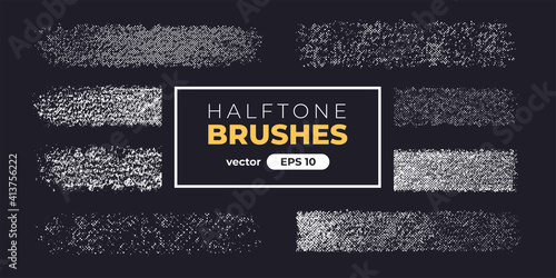 Halftone grain brushes. Grunge noise texture set. Vector illustration eps10. Creative artistic brush collection.