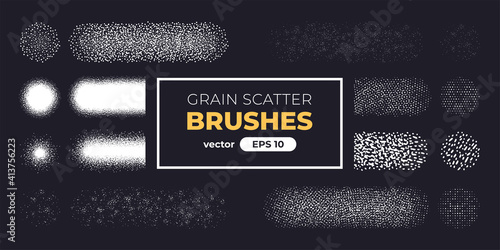 Halftone grain scatter brushes set. Noise vanishing. Grunge texture. Vector illustration eps10. Spray dots. Creative artistic brush collection. Basic kit. Ink paint strokes.
