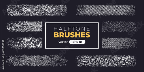 Halftone grain brushes. Grunge noise texture set. Vector illustration eps10. Creative artistic brush collection.
