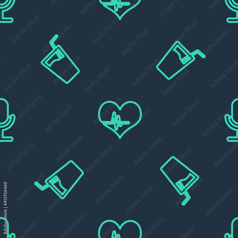 Set line Heart rate, Glass with water and Microphone on seamless pattern. Vector. Set line Heart rate, Glass with water and Microphone on seamless pattern. Vector.