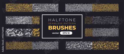 Halftone grain pattern brushes. Grunge noise texture set. Vector illustration eps10. Creative artistic brush collection. Basic kit. Ink paint strokes.
