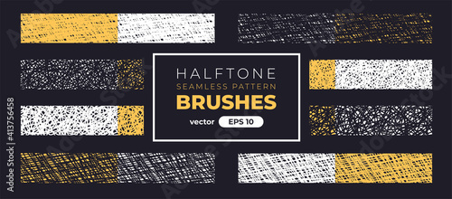 Halftone grain pattern brushes. Grunge noise texture set. Vector illustration eps10. Creative artistic brush collection. Basic kit. Ink paint strokes.