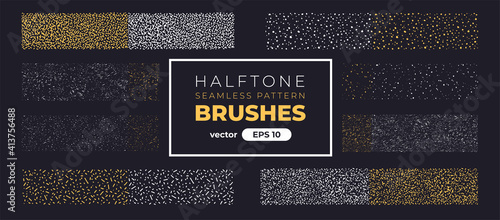 Halftone grain pattern brushes. Grunge noise texture set. Vector illustration eps10. Creative artistic brush collection. Basic kit. Ink paint strokes.