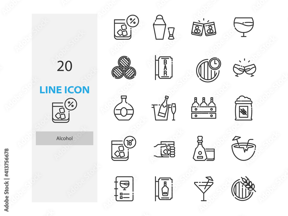 set of alcohol thin line icons, cocktail, pub, bar, drinks,