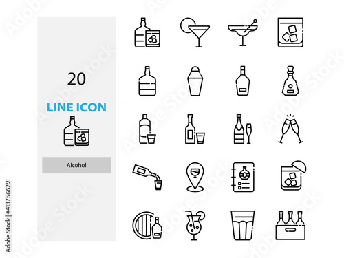 set of alcohol thin line icons, cocktail, pub, bar, drinks,