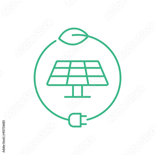 Sun energy logo. Solar panel inside circle with a leaf and a plug. Green energy concept. Sustainable energy sources. Solar power symbol. Converting sunlight to energy. Vector illustration, clip art.