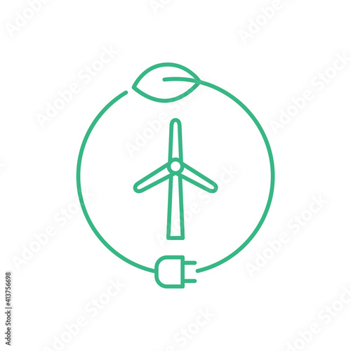 Wind energy logo. Windmill inside circle with a leaf and a plug. Green energy concept. Sustainable energy sources. Wind power symbol. Wind turbine electricity. Vector illustration, flat, clip art. 