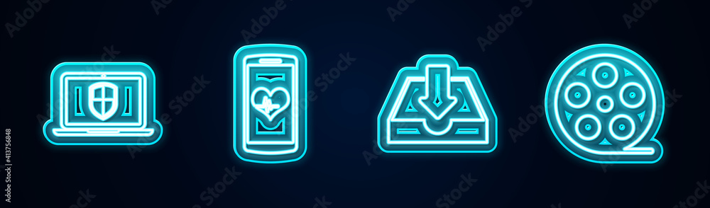 Set line Laptop with shield, Smartphone heart rate, Download inbox and Film reel. Glowing neon icon. Vector. Set line Laptop with shield, Smartphone heart rate, Download inbox and Film reel. Glowing neon icon. Vector.