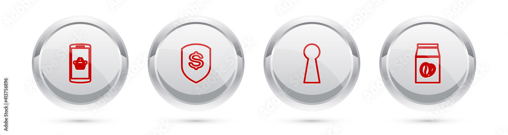 Set line Shopping basket on mobile, Shield and dollar, Keyhole and Coffee beans bag. Silver circle button. Vector. Set line Shopping basket on mobile, Shield and dollar, Keyhole and Coffee beans bag. Silver circle button. Vector.