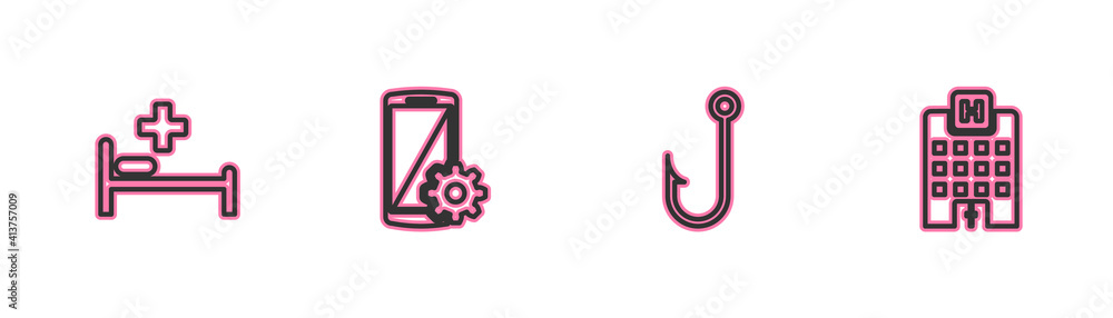 Set line Hospital bed, Fishing hook, Setting on smartphone and Medical hospital building icon. Vector. Set line Hospital bed, Fishing hook, Setting on smartphone and Medical hospital building icon. Vector.