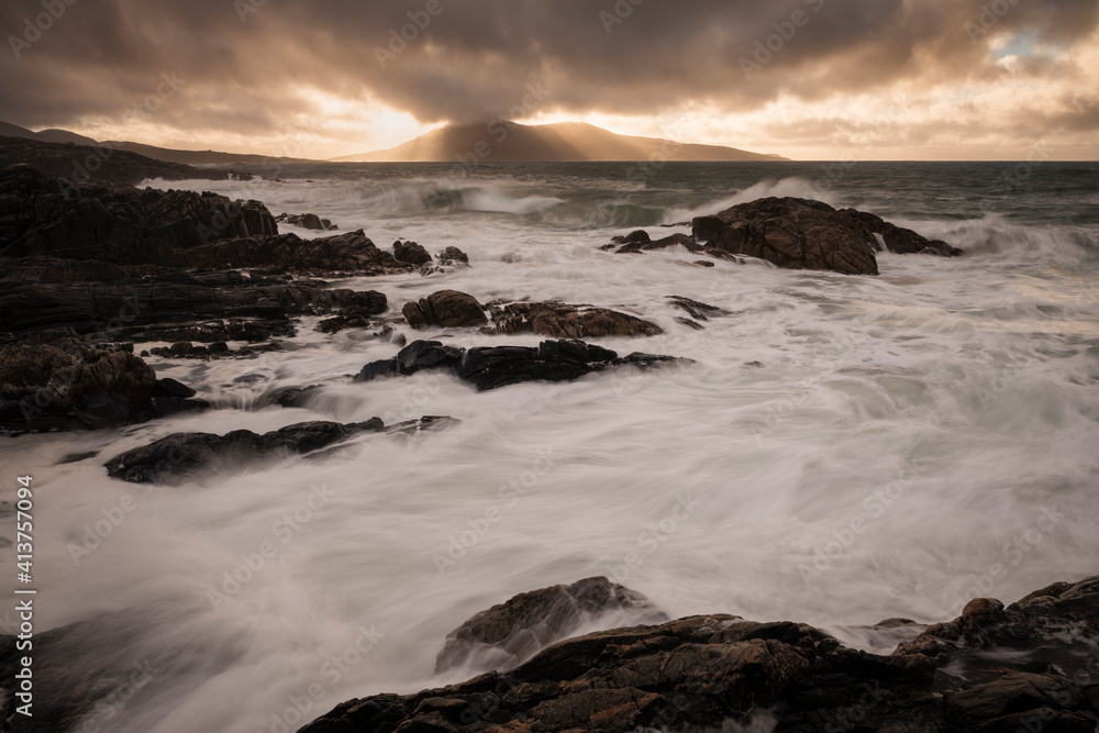 Stormy sea washes across rocky coastline, near Scarista, Isle of Harris, Scotland Stormy sea washes across rocky coastline, near Scarista, Isle of Harris, Scotland
