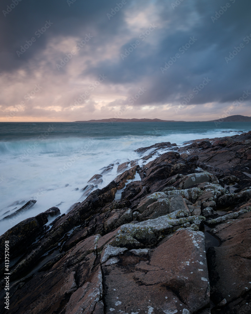 Stormy sea washes across rocky coastline, near Scarista, Isle of Harris, Scotland Stormy sea washes across rocky coastline, near Scarista, Isle of Harris, Scotland