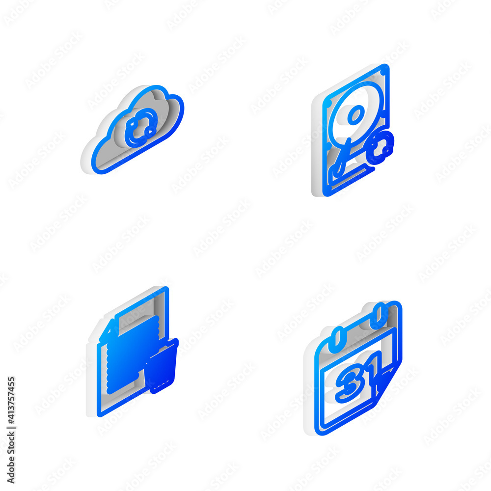 Set Isometric line Hard disk drive HDD sync refresh, Cloud, Delete file document and Calendar icon. Vector. Set Isometric line Hard disk drive HDD sync refresh, Cloud, Delete file document and Calendar icon. Vector.