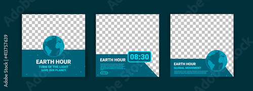 Collection of social media posts for the earth hour. Campaign for climate change awareness by turning off unused lights and electronic equipment for 1 hour.