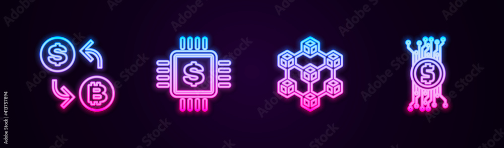 Set line Cryptocurrency exchange, Processor chip with dollar, Blockchain technology and bitcoin circuit. Glowing neon icon. Vector. Set line Cryptocurrency exchange, Processor chip with dollar, Blockchain technology and bitcoin circuit. Glowing neon icon. Vector.