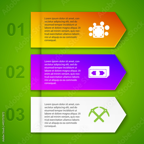 Set line ASIC Miner, Cryptocurrency bitcoin, Crossed pickaxe and wallet. Business infographic template. Vector.