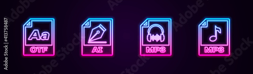 Set line OTF file document, AI, MP3 and . Glowing neon icon. Vector.