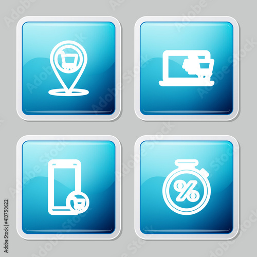Set line Location shopping cart, Shopping laptop, Mobile and and Stopwatch percent icon. Vector.