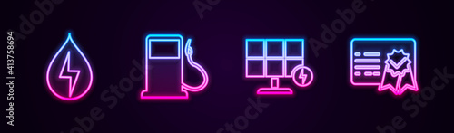 Set line Water energy, Petrol or Gas station, Solar panel and Certificate template. Glowing neon icon. Vector.