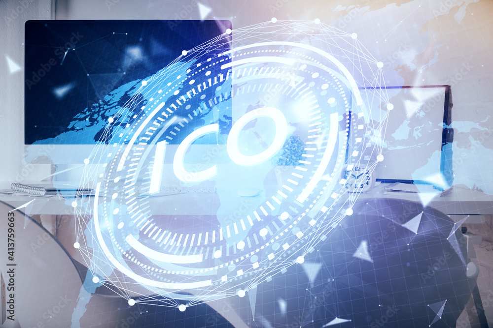 Double exposure of crypto technology theme drawing and office interior background. Concept of blockchain. Double exposure of crypto technology theme drawing and office interior background. Concept of blockchain.