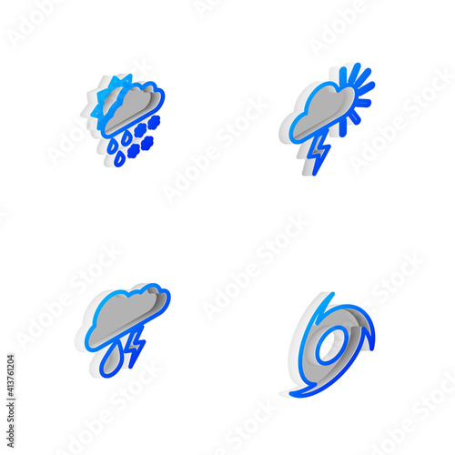 Set Isometric line Storm, Cloud with snow, rain, sun, and lightning and Tornado icon. Vector.