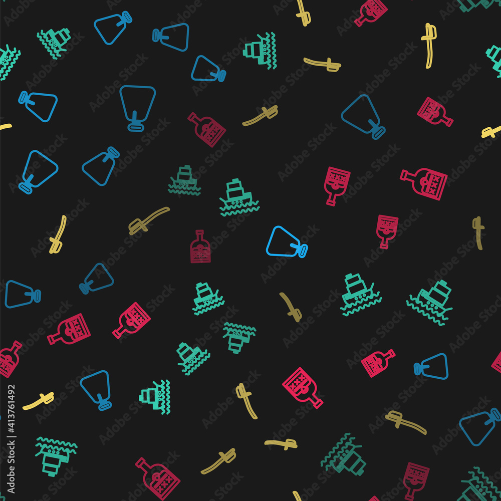 Set line Pirate sack, Ship, sword and Alcohol drink Rum bottle on seamless pattern. Vector. Set line Pirate sack, Ship, sword and Alcohol drink Rum bottle on seamless pattern. Vector.