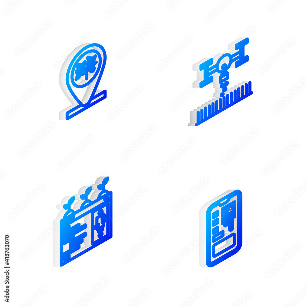 Set Isometric line Smart farm with drone, Location and tree, farming technology and control system icon. Vector. Set Isometric line Smart farm with drone, Location and tree, farming technology and control system icon. Vector.