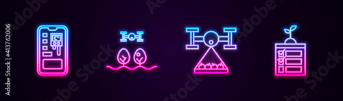 Set line Smart control farming system, with drone, and technology. Glowing neon icon. Vector.