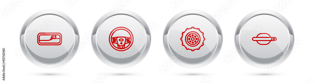 Set line Car door handle, Steering wheel, and . Silver circle button. Vector. Set line Car door handle, Steering wheel, and . Silver circle button. Vector.