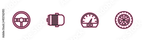 Set line Steering wheel, Speedometer, Electric engine and Car icon. Vector.