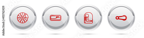 Set line Car brake disk with caliper, door handle, Gear shifter and . Silver circle button. Vector.