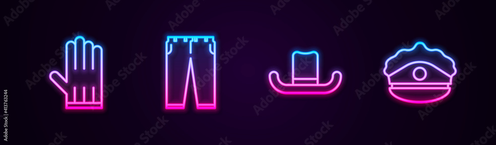 Set line Leather glove, Pants, Man hat and Police cap with cockade. Glowing neon icon. Vector. Set line Leather glove, Pants, Man hat and Police cap with cockade. Glowing neon icon. Vector.