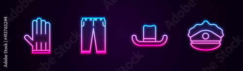 Set line Leather glove  Pants  Man hat and Police cap with cockade. Glowing neon icon. Vector.