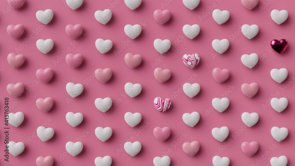 Multicolored Heart background. Valentine Wallpaper with Pink, White and  Metallic love hearts. 3D Render Stock Illustration | Adobe Stock