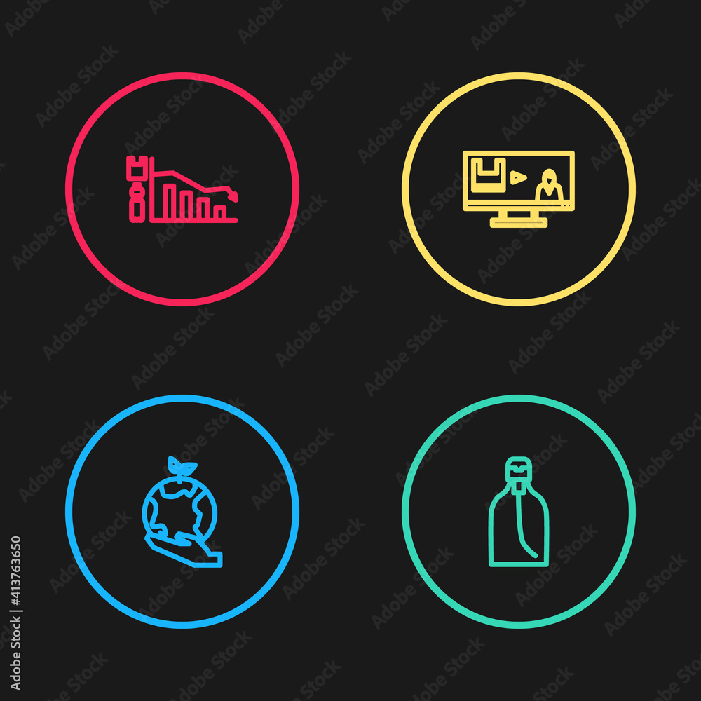 Set line Hand holding Earth globe, Bottle of liquid soap, Stop plastic pollution and Ecology infographic icon. Vector. Set line Hand holding Earth globe, Bottle of liquid soap, Stop plastic pollution and Ecology infographic icon. Vector.