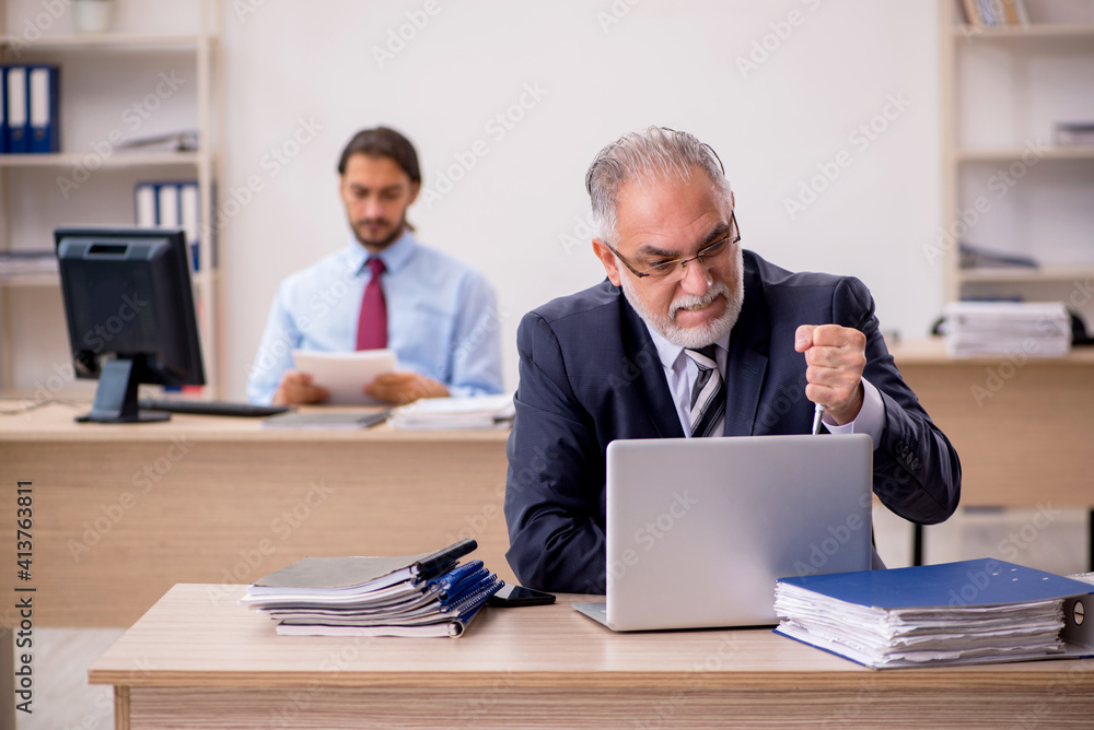 Old male boss and young employee working in the office