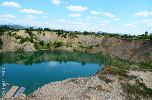 lake landscape in summer. beautiful scenery of view and amazing attarction of Solotvyno Lakes, Zakarpattia (Transcarpathian)