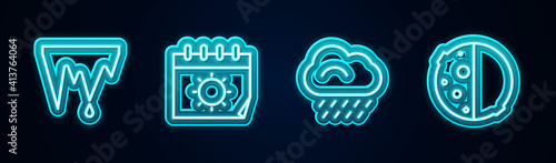 Set line Icicle, Calendar and sun, Cloud with rain and Eclipse of the. Glowing neon icon. Vector.