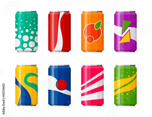 Soda in colored aluminum cans set icons isolated on white background. Soft drinks sign. Carbonated non-alcoholic water with different flavors. Drinks in colored packaging. Vector illustration