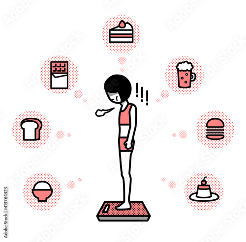 体重計に乗っているダイエット依存症の女性のイラスト