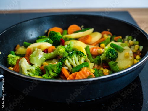 Mix of vegetables cooking in frying pan 