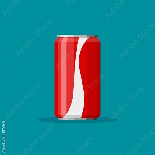 Cola soda in red aluminum can icon on blue background. Soft drink sign. Drink in packaging. Vector illustration