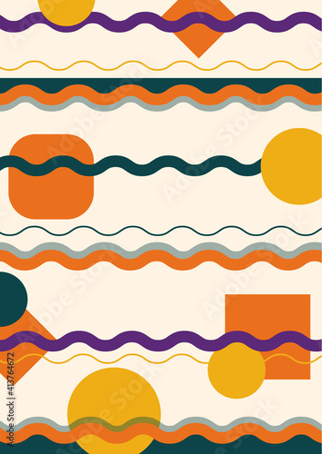 Abstract striped background, poster, banner. Composition of smooth dynamic waves, circles. Fashionable design. Vector color illustration in flat style. © Irina