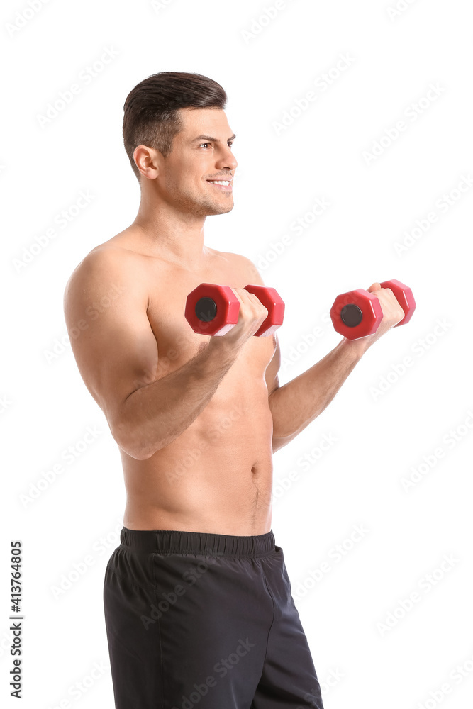 Sporty young man training with dumbbells on white background Sporty young man training with dumbbells on white background
