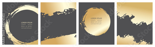 Collection of labels or cards. Vector illustration, set of dark grey backgrounds with gold strokes.	