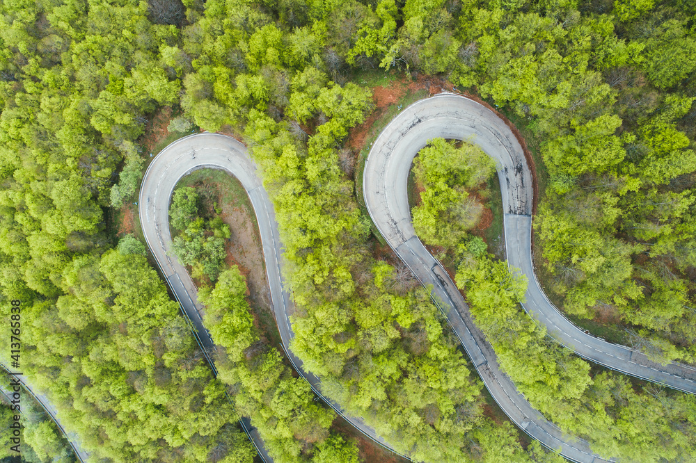 two curves from aerial view in Picos de Europa two curves from aerial view in Picos de Europa